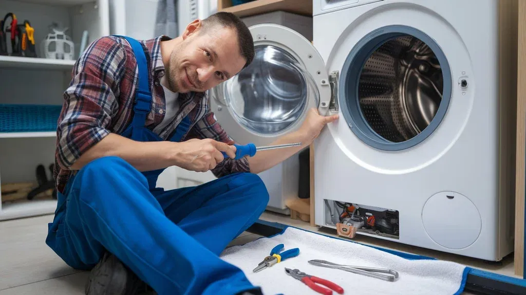 Ramson Appliances technician repairing a front-load washing machine in Groveland, FL