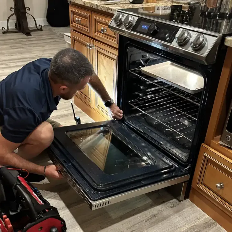 Ramson Appliances technician servicing a GE wall oven in a Groveland kitchen