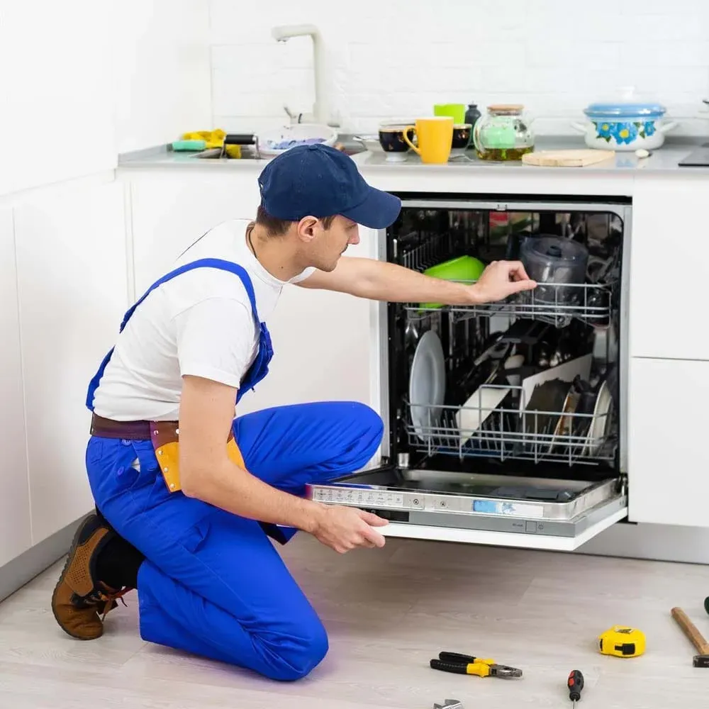 Ramson Appliances technician servicing an LG dishwasher in a Groveland kitchen