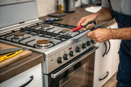 Ramson Appliances technician repairing a range oven door in a Groveland, FL kitchen