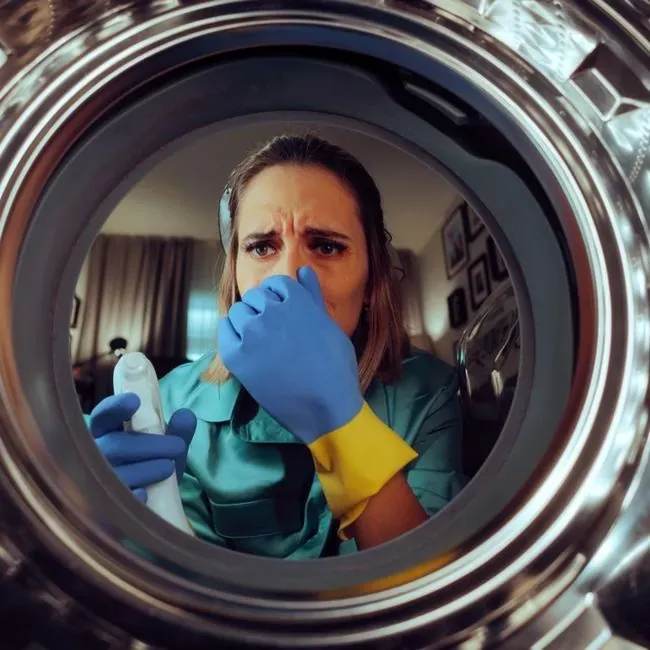 Woman in cleaning gloves holding her nose at a bad smell, seen from inside a front-load washer drum